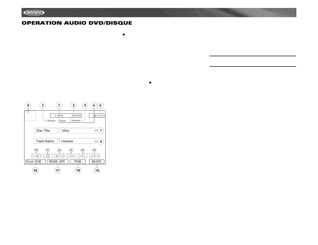 Vm9021ts operation audio dvd/disque | Jensen Mobile Multimedia AM/FM/DVD Receiver VM9021TS User Manual | Page 106 / 116