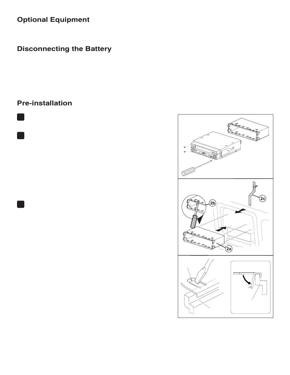 Optional equipment, Disconnecting the battery, Pre-installation | Jensen VM9414 User Manual | Page 2 / 4