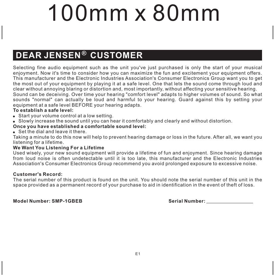 Dear jensen customer | Jensen SMP-1GBEB User Manual | Page 2 / 18