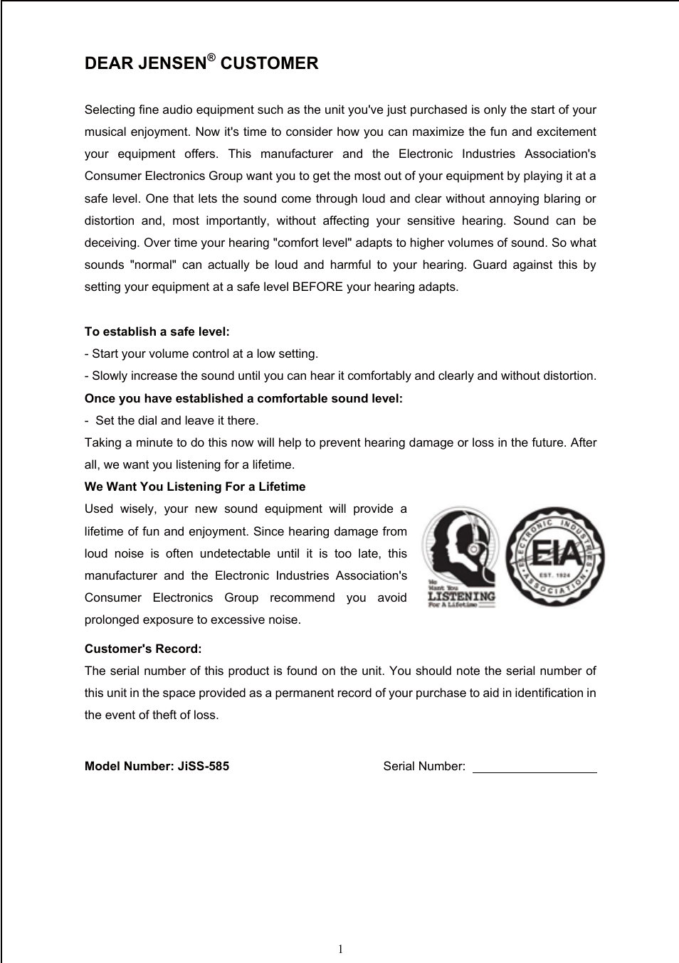 Dear jensen, Customer | Jensen JiSS-585 User Manual | Page 2 / 10