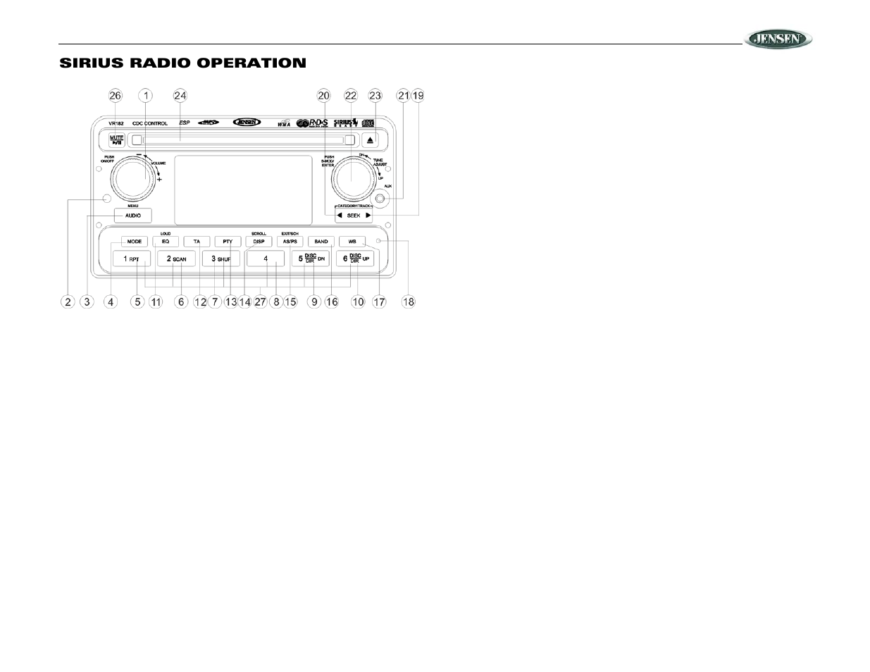 Vr182, Sirius radio operation | Jensen VR182 User Manual | Page 11 / 16