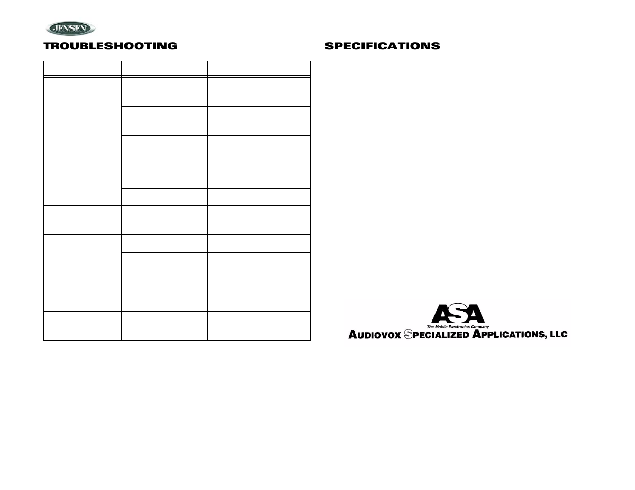 Vr182, Troubleshooting specifications | Jensen VR182 User Manual | Page 16 / 16