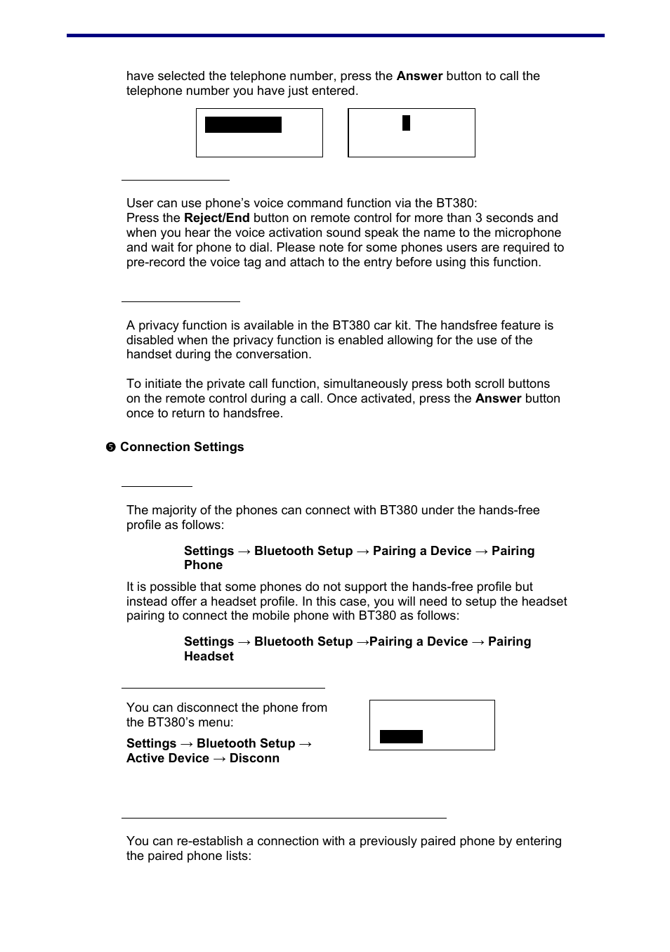 Voice tag activation, Initiating private calls, Connection settings | Pairing setup, Disconnecting from the current phone | Jensen BT380 User Manual | Page 19 / 28