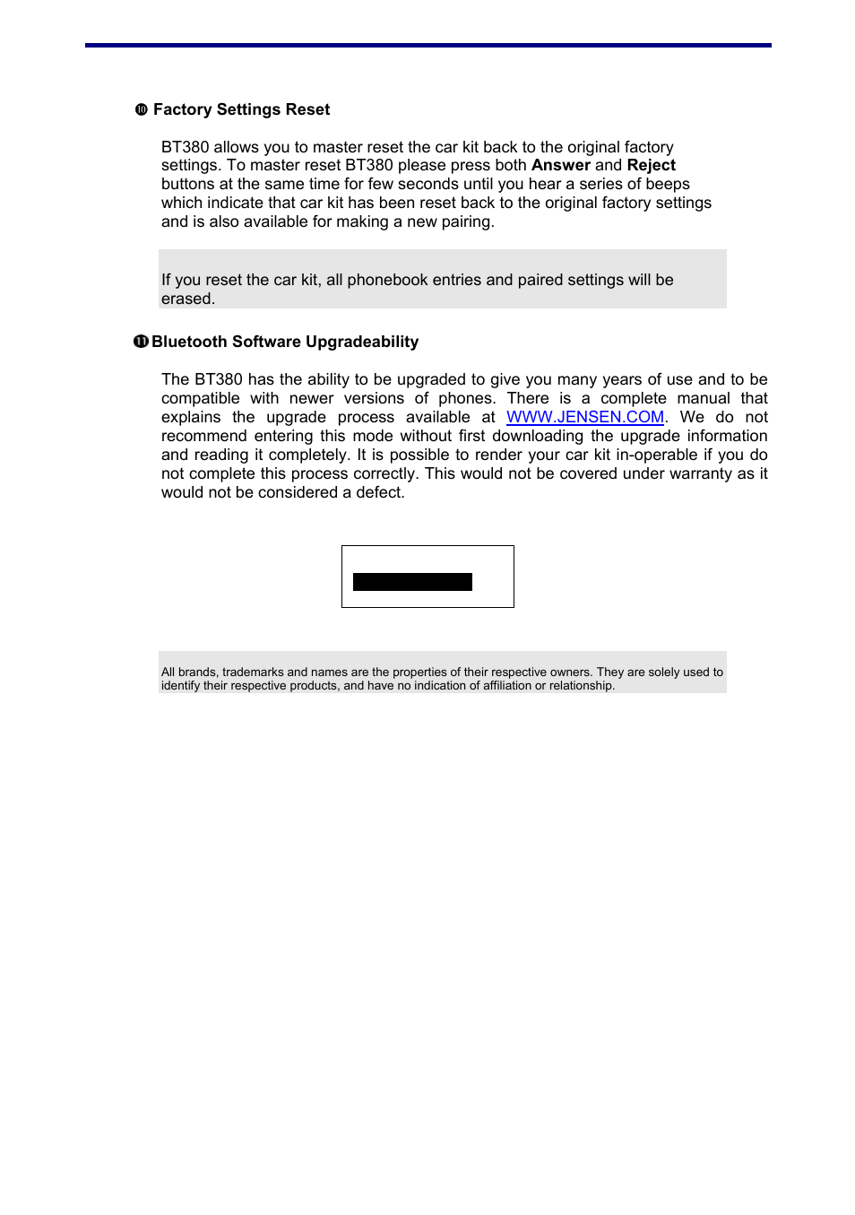 Factory settings reset, Bluetooth software upgradeability | Jensen BT380 User Manual | Page 25 / 28