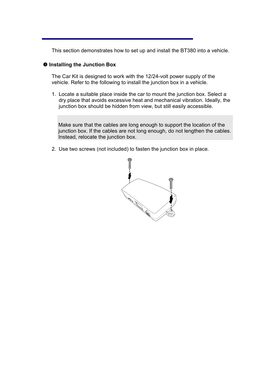 Installation, Installing the junction box | Jensen BT380 User Manual | Page 7 / 28