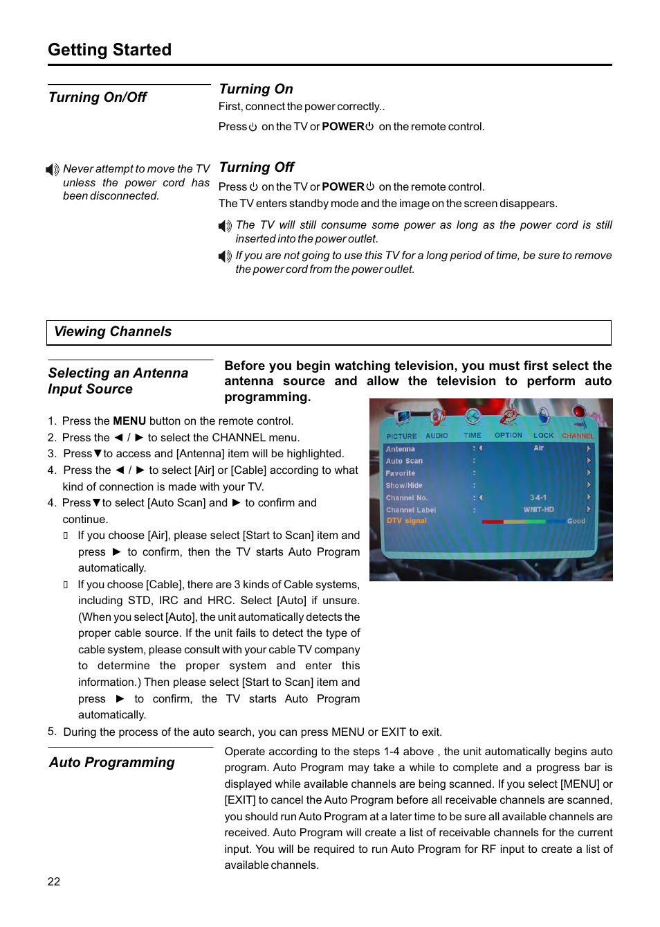 Getting started, Selecting an antenna input source auto programming, Turning on/off | Turning on turning off, Viewing channels | Jensen JE1907DC User Manual | Page 23 / 40