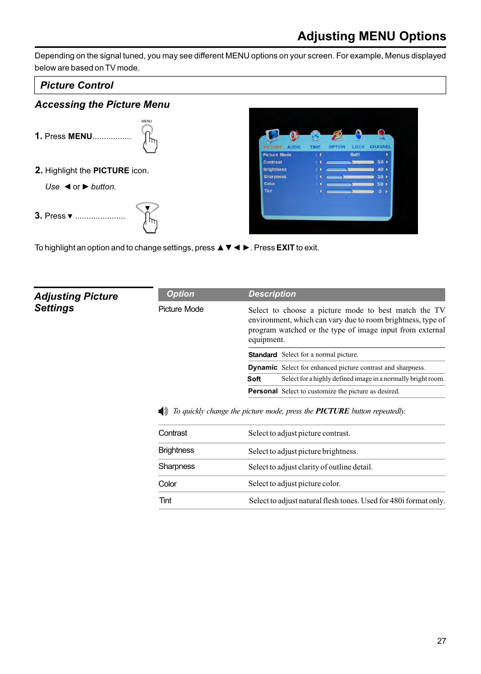 Adjusting menu options, Picture control, Accessing the picture menu | Adjusting picture settings | Jensen JE1907DC User Manual | Page 28 / 40