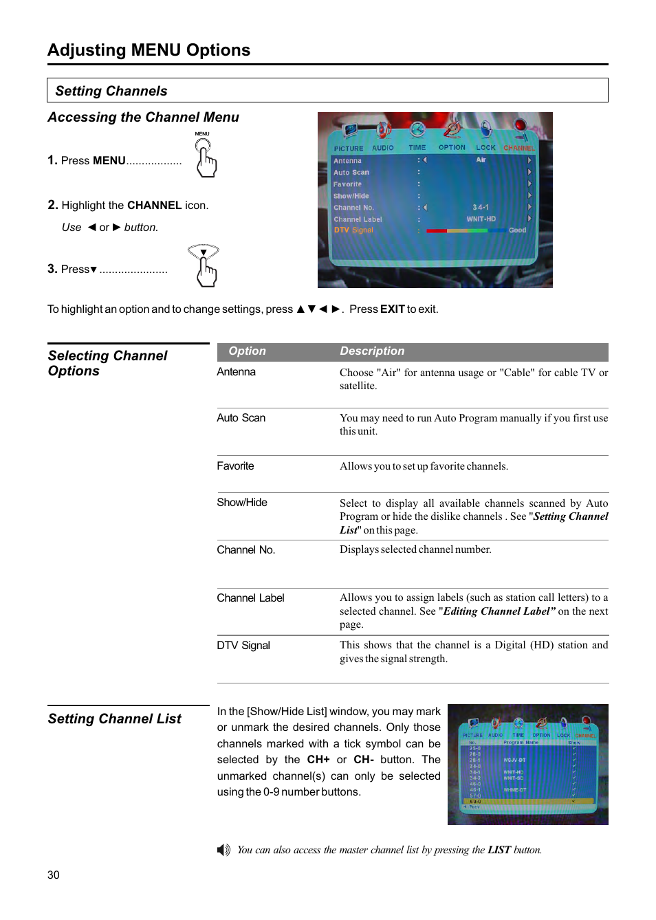 Adjusting menu options, Setting channels accessing the channel menu, Selecting channel options | Setting channel list | Jensen JE1907DC User Manual | Page 31 / 40