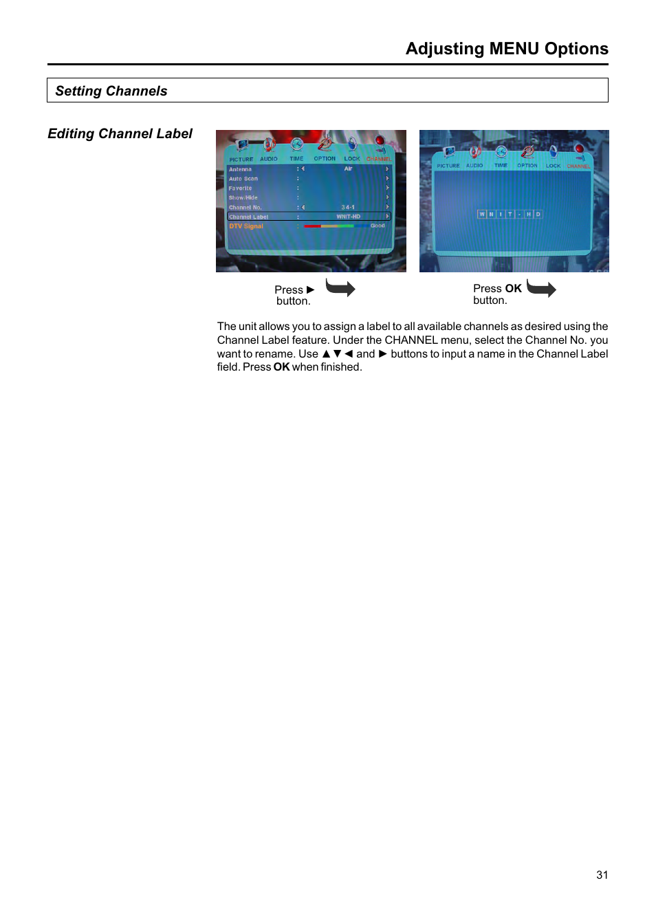 Adjusting menu options, Setting channels editing channel label | Jensen JE1907DC User Manual | Page 32 / 40