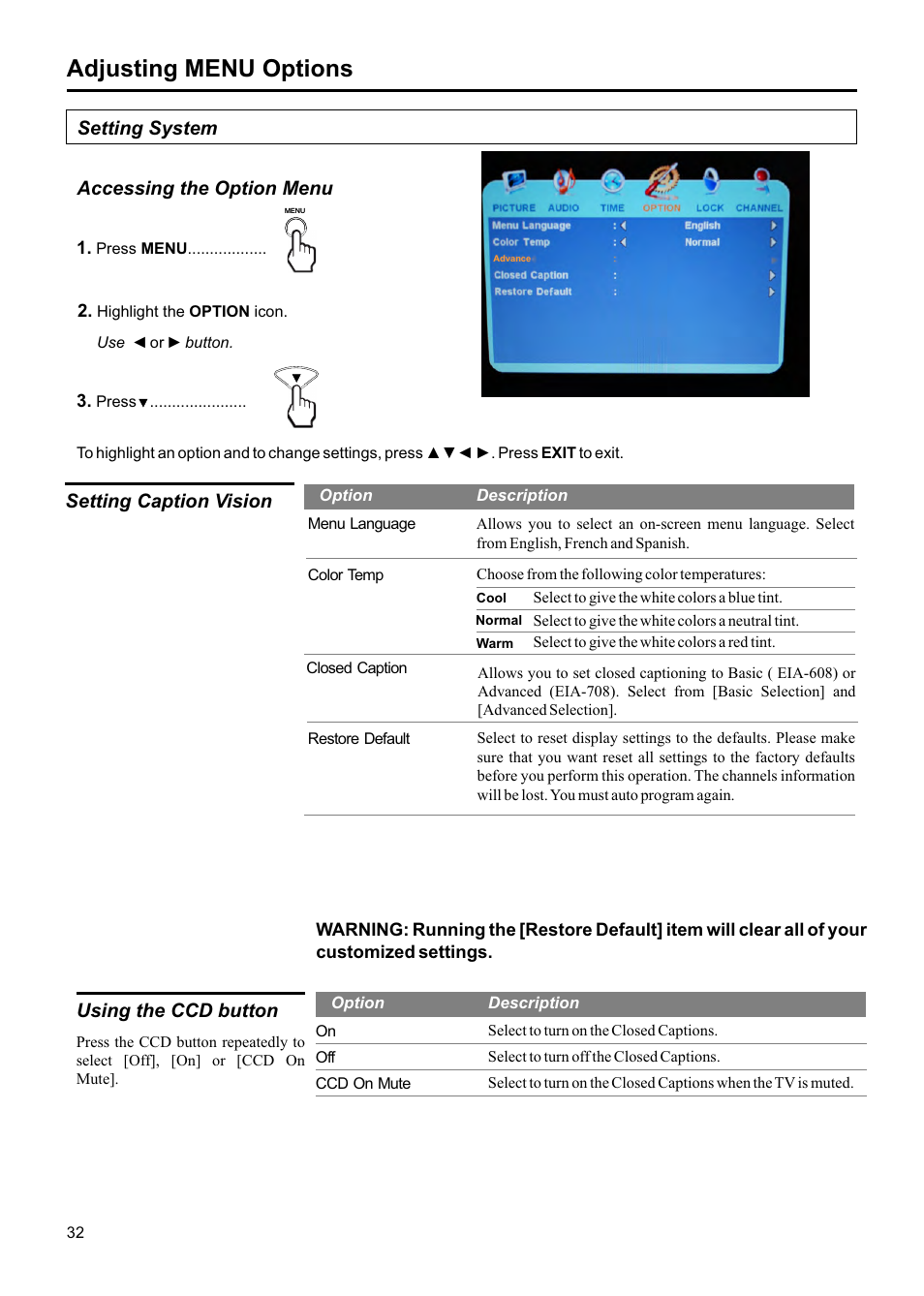 Adjusting menu options, Setting caption vision, Setting system | Accessing the option menu, Using the ccd button | Jensen JE1907DC User Manual | Page 33 / 40