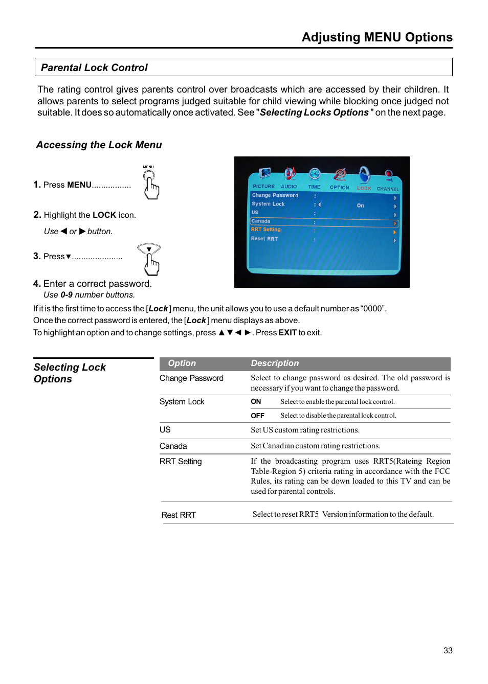 Adjusting menu options, Parental lock control accessing the lock menu, Selecting lock options | Jensen JE1907DC User Manual | Page 34 / 40