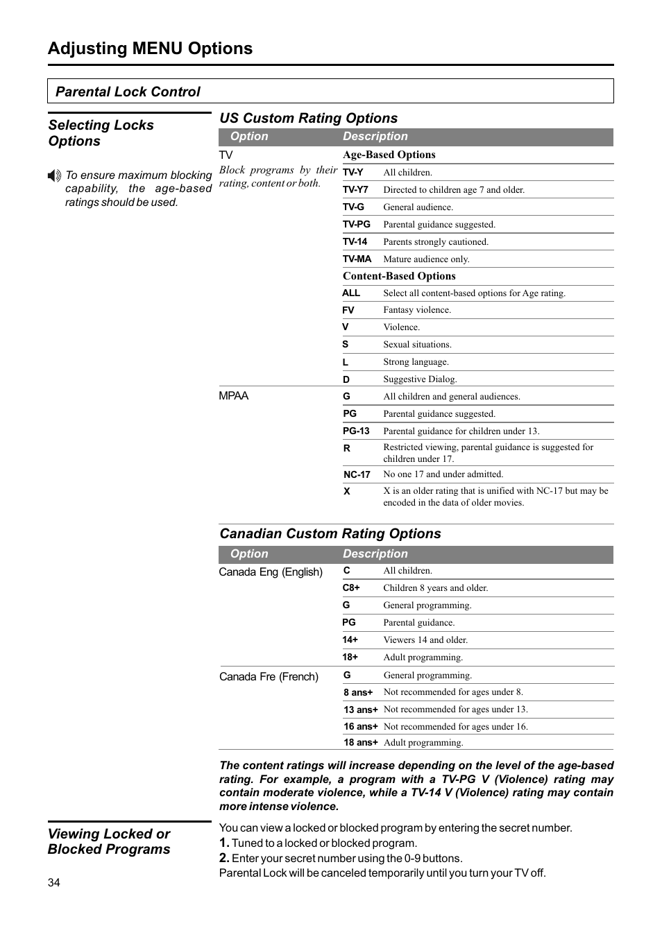 Adjusting menu options, Selecting locks options, Parental lock control us custom rating options | Canadian custom rating options, Viewing locked or blocked programs | Jensen JE1907DC User Manual | Page 35 / 40