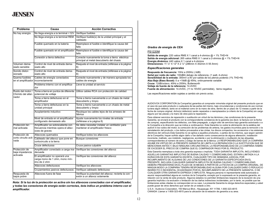 Especificaciones, Grados de energía de cea, Especificaciones generales | Garantia limitade de 12 meses, Localización de problemas, Ps1220m | Jensen PS1220M User Manual | Page 12 / 14