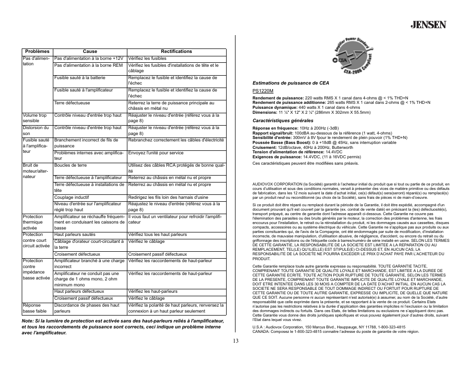 Spécifications, Estimations de puissance de cea, Caractéristiques générales | Garantie limitée de 12 mois, Localisations de problèmes, Ps1220m | Jensen PS1220M User Manual | Page 13 / 14