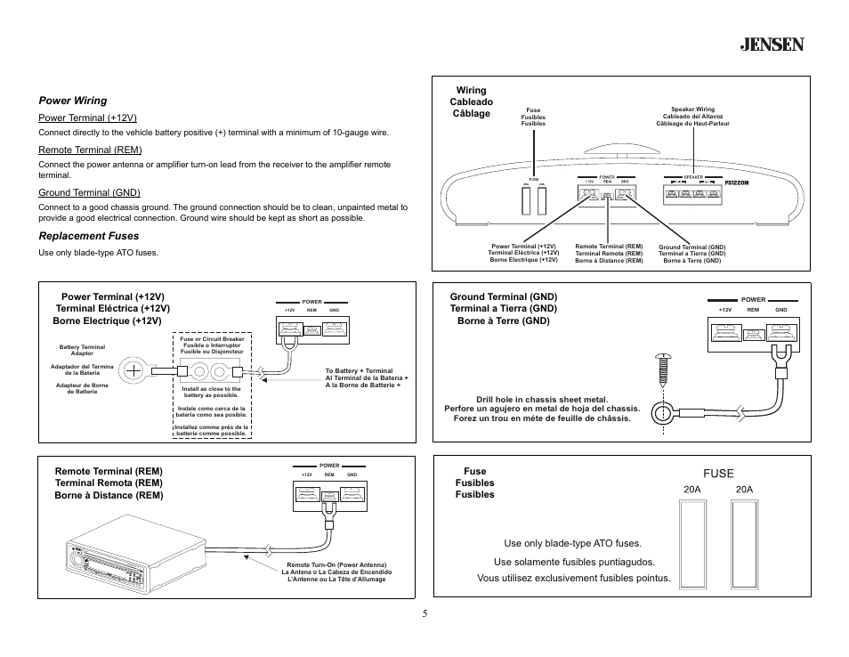 Wiring, Power wiring, Replacement fuses | Ps1220m | Jensen PS1220M User Manual | Page 5 / 14