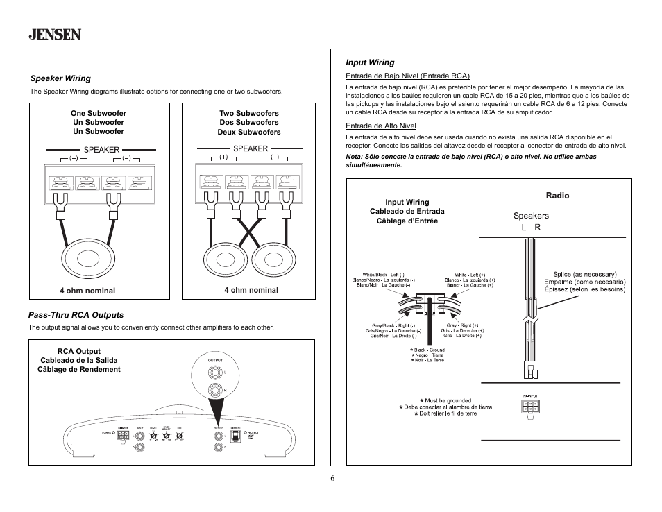 Pass-thru rca outputs, Wiring (continued), Speaker wiring | Input wiring, Ps1220m | Jensen PS1220M User Manual | Page 6 / 14