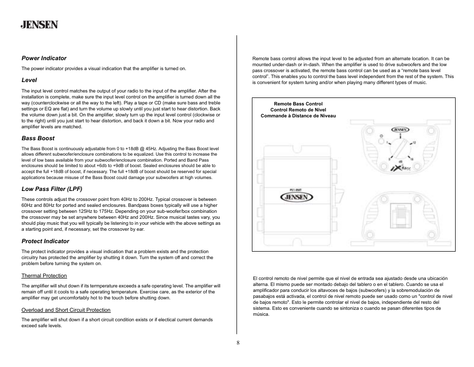 Indicators and controls, Power indicator, Level | Bass boost, Low pass filter (lpf), Protect indicator, Control remoto de nivel, Remote bass control, Ps1220m | Jensen PS1220M User Manual | Page 8 / 14