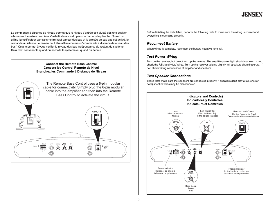 Testing, Reconnect battery, Test power wiring | Test speaker connections, Commande à distance de niveau, Ps1220m | Jensen PS1220M User Manual | Page 9 / 14