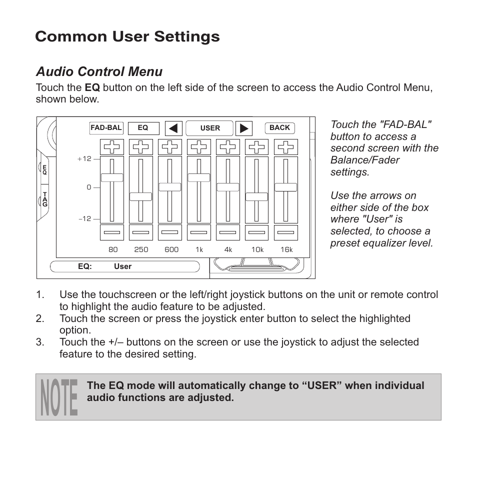 Common user settings, Audio control menu | Jensen VM9413 User Manual | Page 10 / 92
