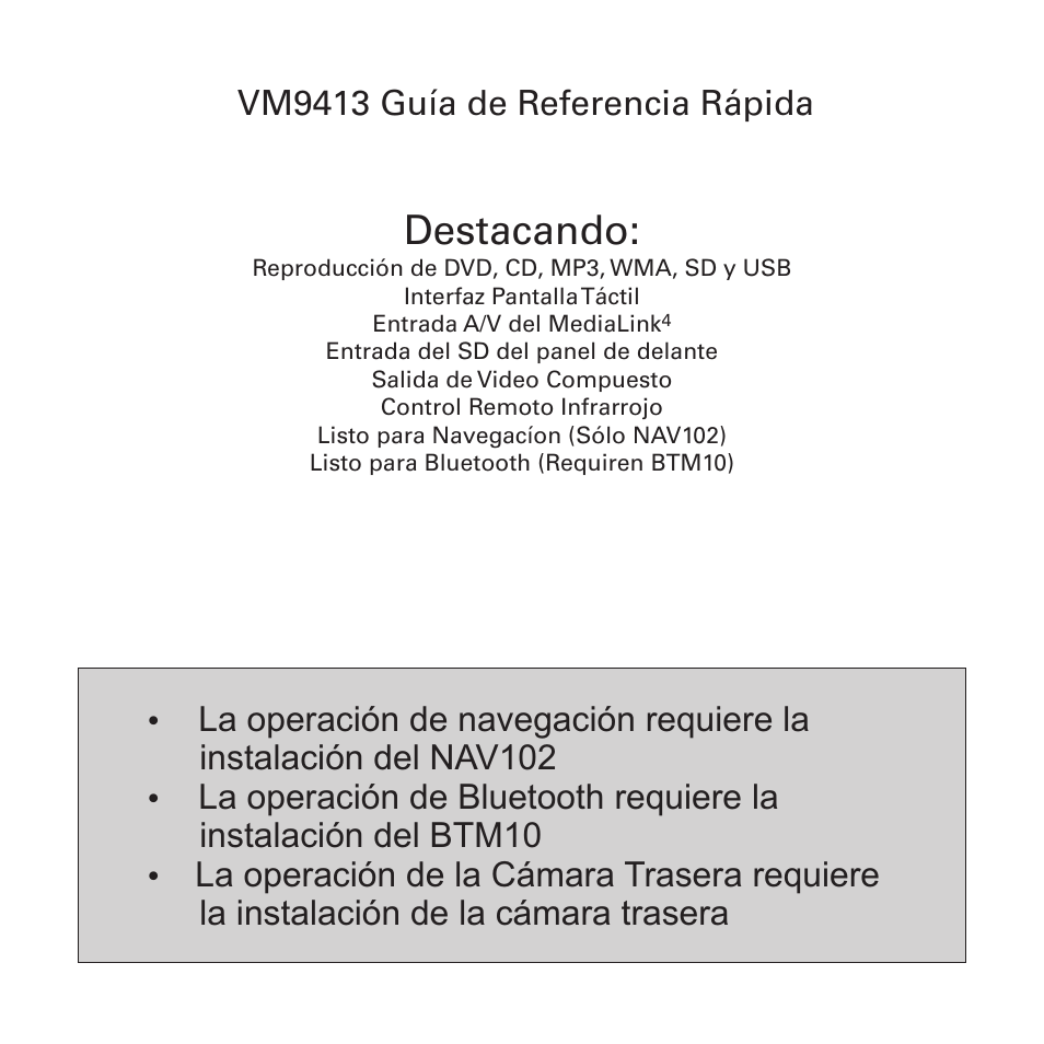 Destacando, Instalación del nav102, Vm9413 guía de referencia rápida | Jensen VM9413 User Manual | Page 33 / 92