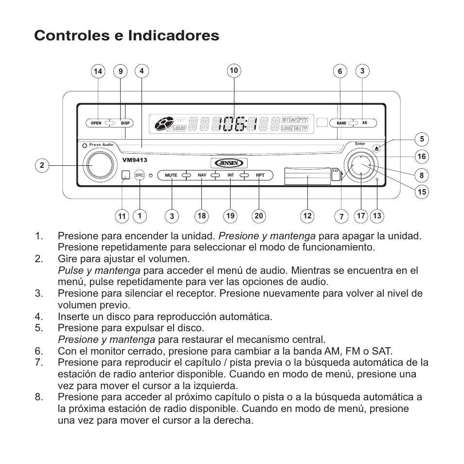 Controles e indicadores | Jensen VM9413 User Manual | Page 36 / 92