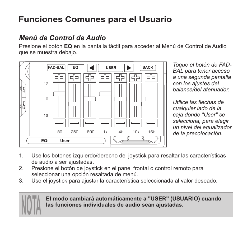 Nota, Funciones comunes para el usuario, Menú de control de audio | Jensen VM9413 User Manual | Page 40 / 92