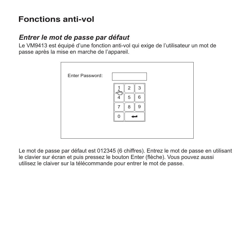 Fonctions anti-vol, Entrer le mot de passe par défaut | Jensen VM9413 User Manual | Page 64 / 92