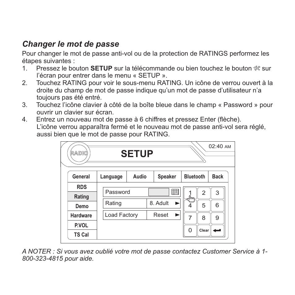 Setup, Changer le mot de passe | Jensen VM9413 User Manual | Page 65 / 92