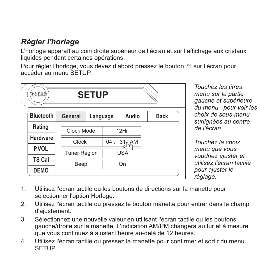 Setup, Régler l'horlage | Jensen VM9413 User Manual | Page 71 / 92
