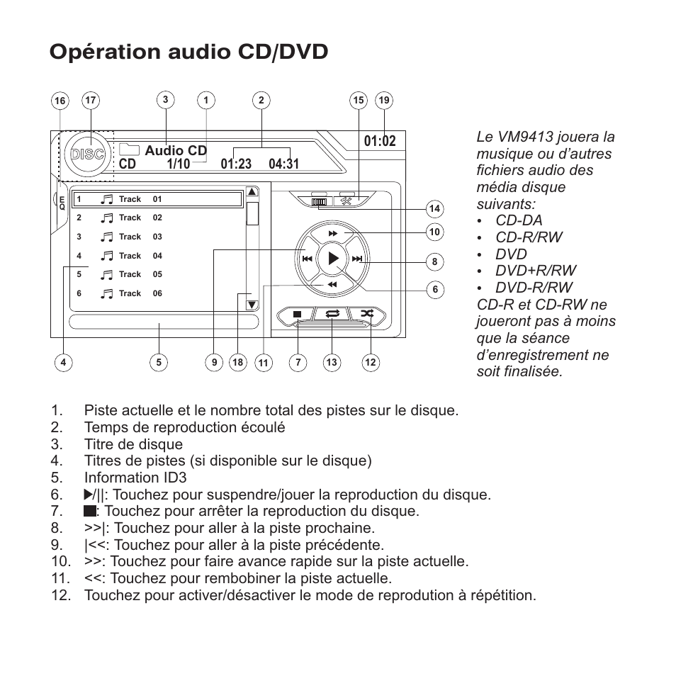 Opération audio cd/dvd, Cd-da, Cd-r/rw | Dvd+r/rw | Jensen VM9413 User Manual | Page 76 / 92