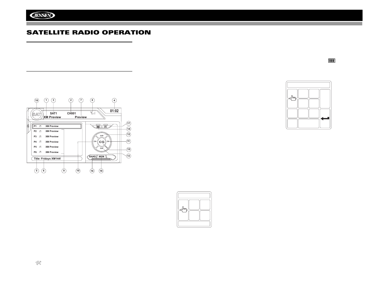 Vm9313 satellite radio operation | Jensen VM9313 User Manual | Page 19 / 106