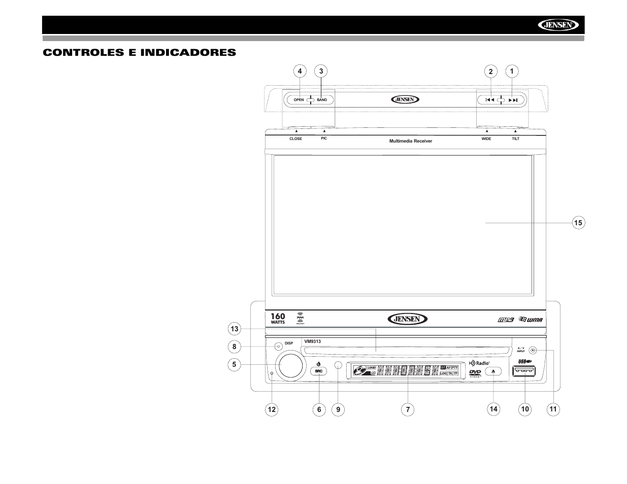 Vm9313 controles e indicadores | Jensen VM9313 User Manual | Page 38 / 106