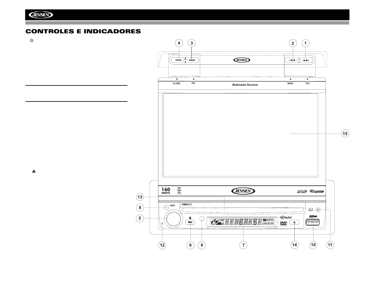 Vm9313 controles e indicadores | Jensen VM9313 User Manual | Page 39 / 106