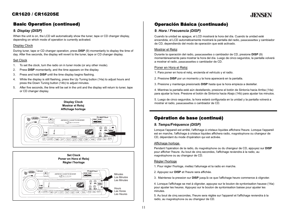 Basic operation (continued), Display (disp), Operación básica (continuado) | Hora / frecuencia (disp), Opération de base (continué), Temps/fréquence (disp), Display clock, Set clock, Mostrar el reloj, Poner en hora el reloj | Jensen CR1620SE User Manual | Page 11 / 21