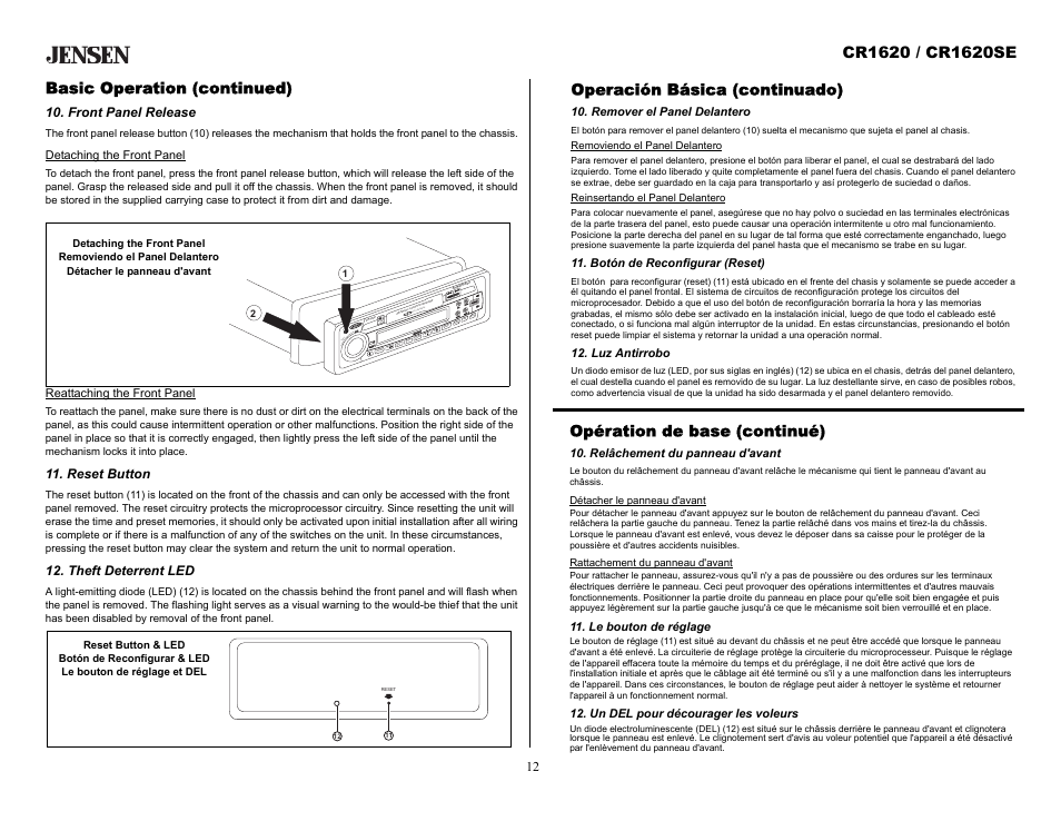 Basic operation (continued), Front panel release, Reset button | Theft deterrent led, Operación básica (continuado), Remover el panel delantero, Botón de reconfigurar (reset), Luz antirrobo, Opération de base (continué), Relâchement du panneau d'avant | Jensen CR1620SE User Manual | Page 12 / 21