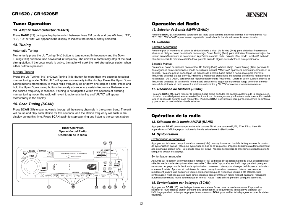 Tuner operation, Am/fm band selector (band), Tuning | Scan tuning (scan), Operación del radio, Selector de banda am/fm (band), Sintonía, Recorrido de sintonía (scan), Opération de la radio, Sélection de la bande am/fm (band) | Jensen CR1620SE User Manual | Page 13 / 21