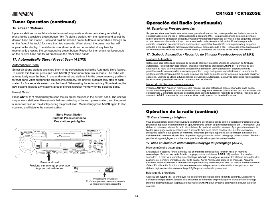 Tuner operation (continued), Preset stations, Automatically store / preset scan (as/ps) | Operación del radio (continuado), Estaciones preseleccionadas, Opération de la radio (continué), Des stations préréglées, Automatically store, Preset scan | Jensen CR1620SE User Manual | Page 14 / 21