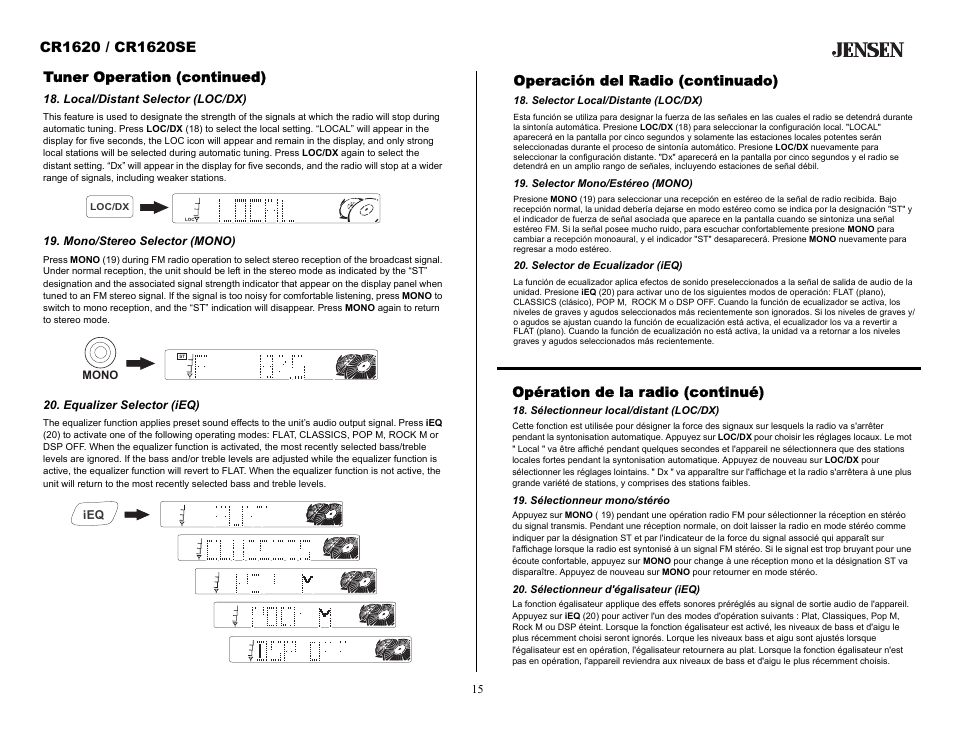 Tuner operation (continued), Local/distant selector (loc/dx), Mono/stereo selector (mono) | Equalizer selector (ieq), Operación del radio (continuado), Selector local/distante (loc/dx), Selector mono/estéreo (mono), Selector de ecualizador (ieq), Opération de la radio (continué), Sélectionneur local/distant (loc/dx) | Jensen CR1620SE User Manual | Page 15 / 21