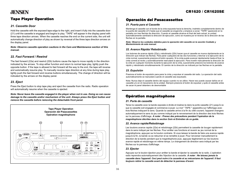 Tape player operation, Cassette door, Fast forward / rewind | Eject, Operación del pasacassettes, Puerta para el cassette, Avance rápido/ rebobinado, Expulsión, Opération magnétophone, Porte de cassette | Jensen CR1620SE User Manual | Page 16 / 21