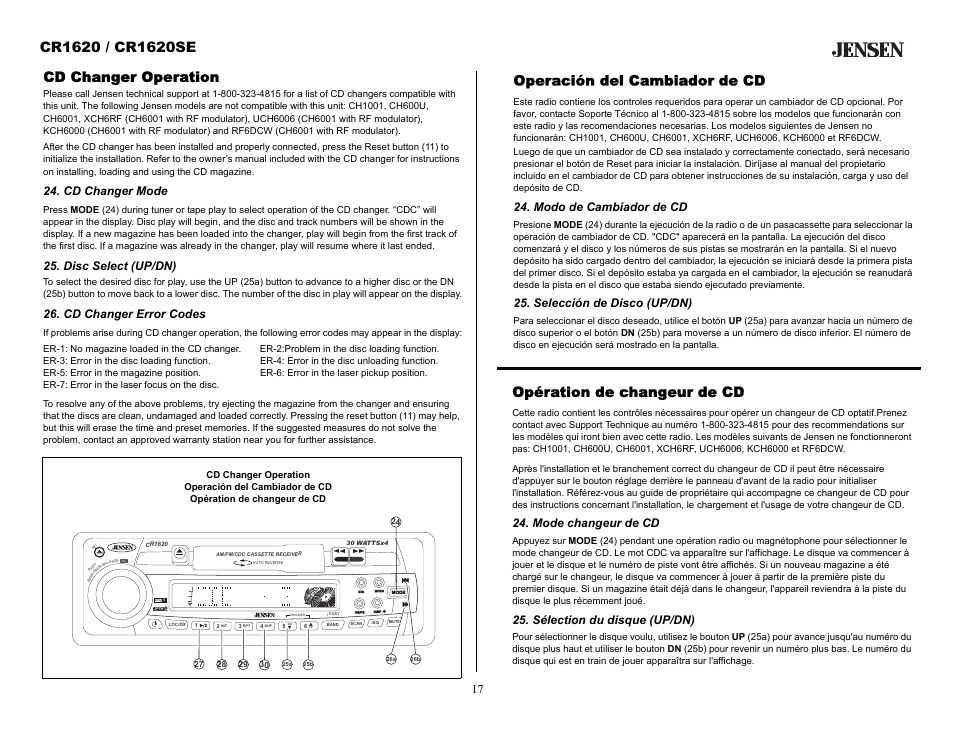 Cd changer operation, Cd changer mode, Disc select (up/dn) | Cd changer error codes, Operación del cambiador de cd, Modo de cambiador de cd, Selección de disco (up/dn), Opération de changeur de cd, Mode changeur de cd, Sélection du disque (up/dn) | Jensen CR1620SE User Manual | Page 17 / 21