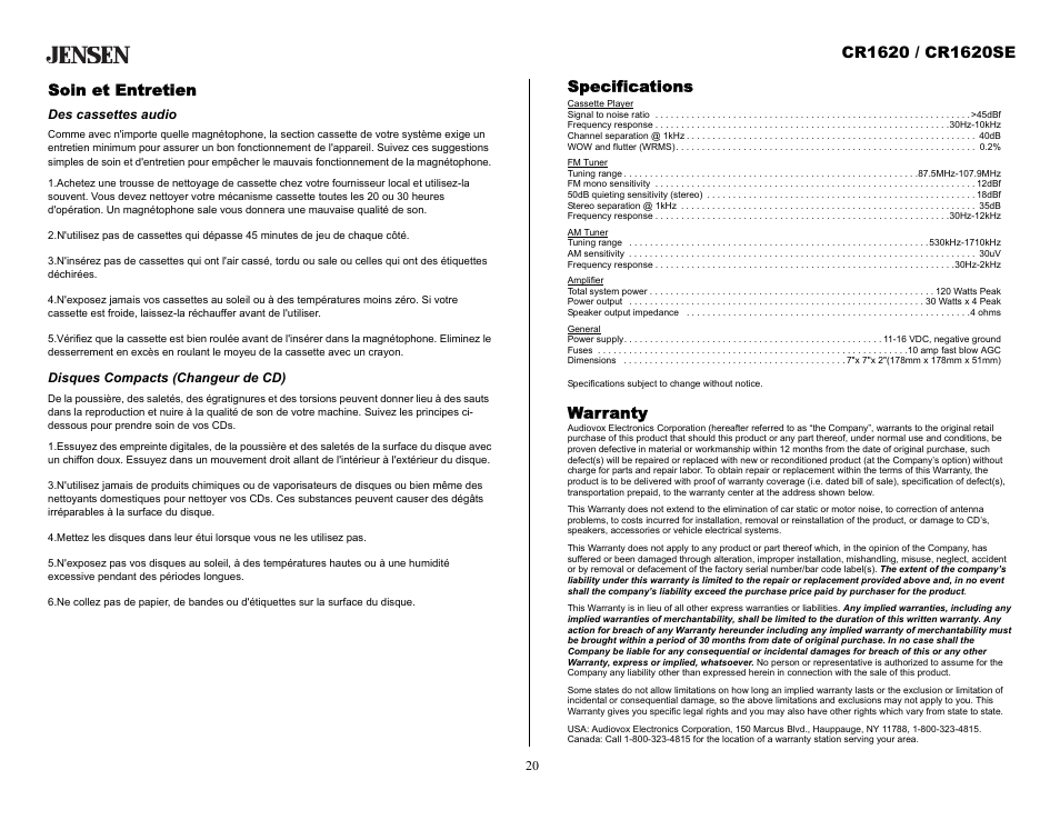 Soin et entretien, Des cassettes audio, Disques compacts (changeur de cd) | Specifications, Warranty | Jensen CR1620SE User Manual | Page 20 / 21