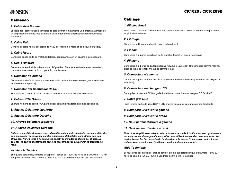 Cableado, Cable azul oscuro, Cable rojo | Cable negro, Cable amarillo, Conector de antena, Conector del cambiador de cd, Cables rca grises, Altavoz delantero izquierdo, Altavoz delantero derecho | Jensen CR1620SE User Manual | Page 4 / 21