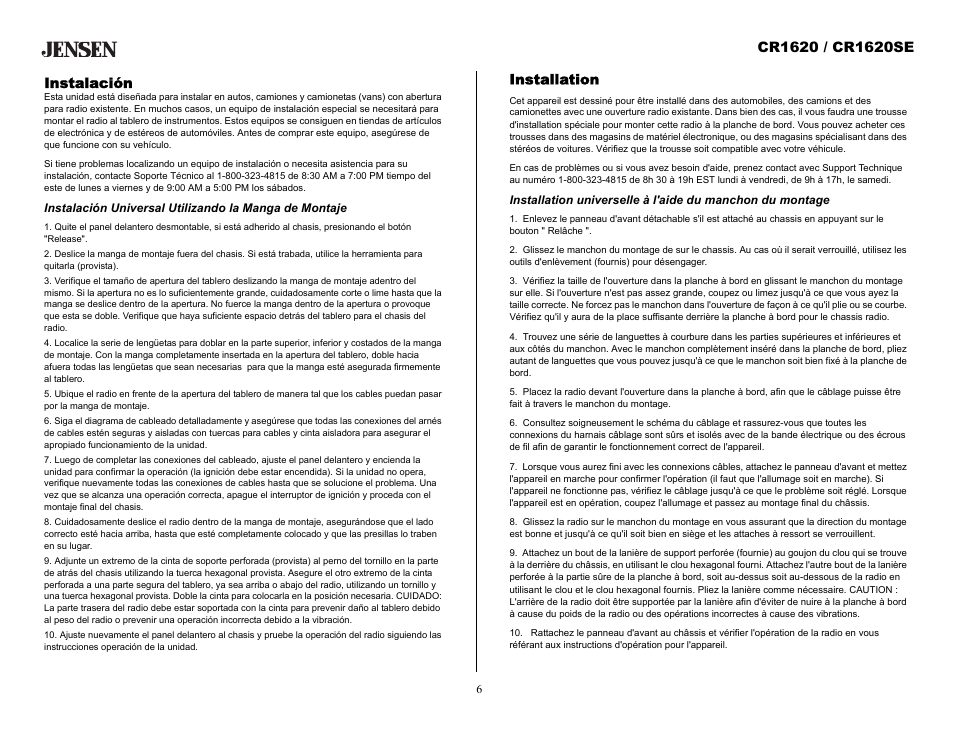 Instalación, Installation | Jensen CR1620SE User Manual | Page 6 / 21