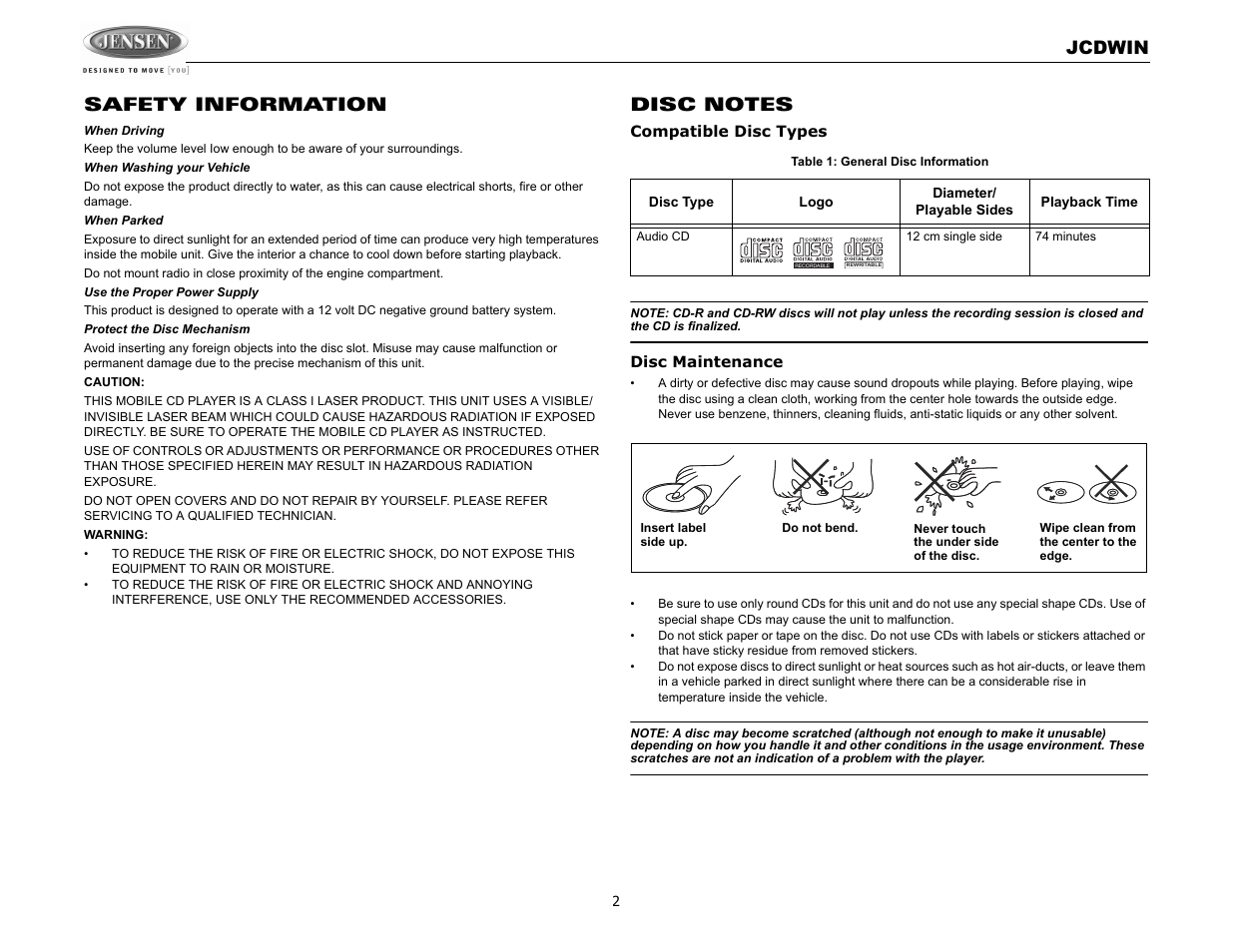 Jcdwin, Safety information | Jensen JCDWIN User Manual | Page 2 / 10