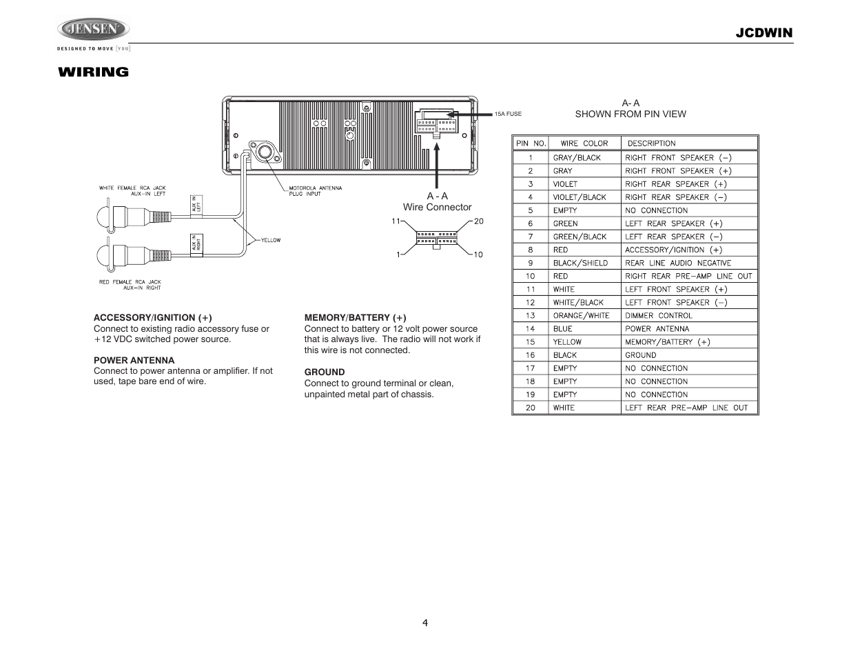 Jcdwin, Wiring | Jensen JCDWIN User Manual | Page 4 / 10