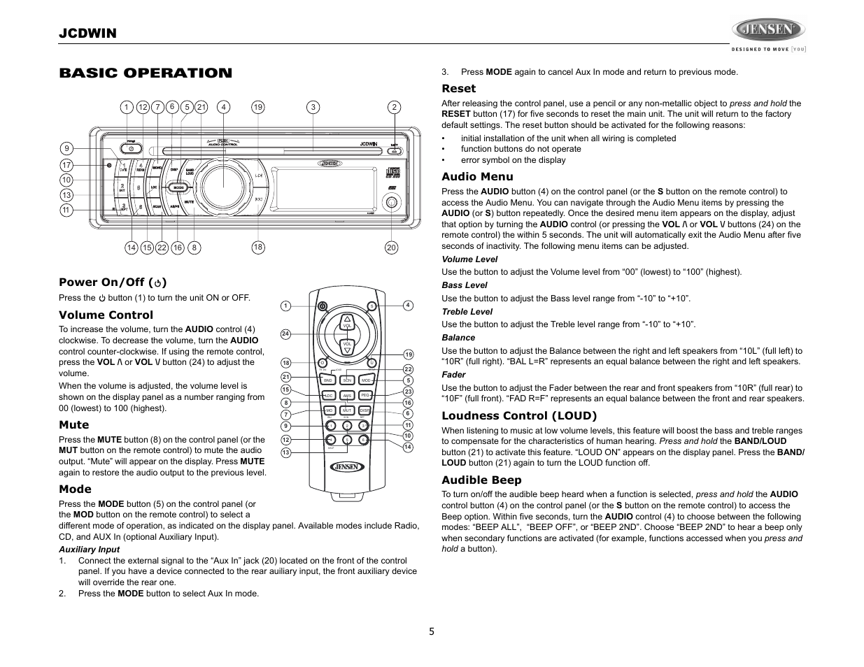 Jcdwin, Basic operation, Power on/off ( ) | Volume control, Mute, Mode, Reset, Audio menu, Loudness control (loud), Audible beep | Jensen JCDWIN User Manual | Page 5 / 10