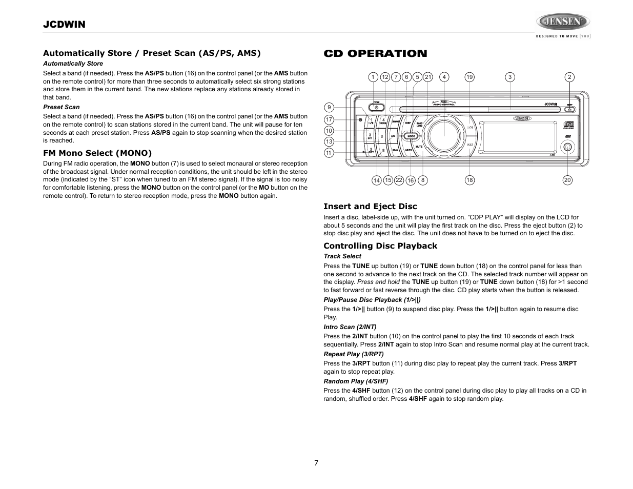 Jcdwin, Cd operation | Jensen JCDWIN User Manual | Page 7 / 10