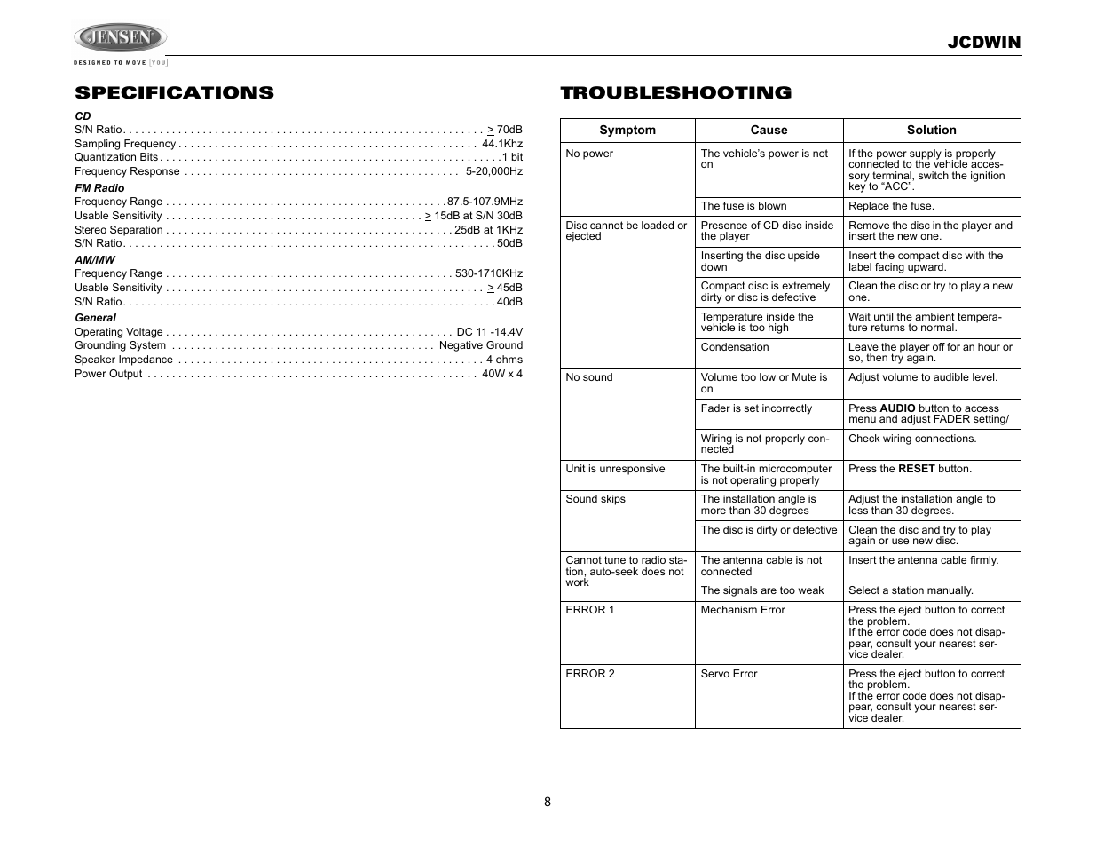Jcdwin, Specifications, Troubleshooting | Jensen JCDWIN User Manual | Page 8 / 10
