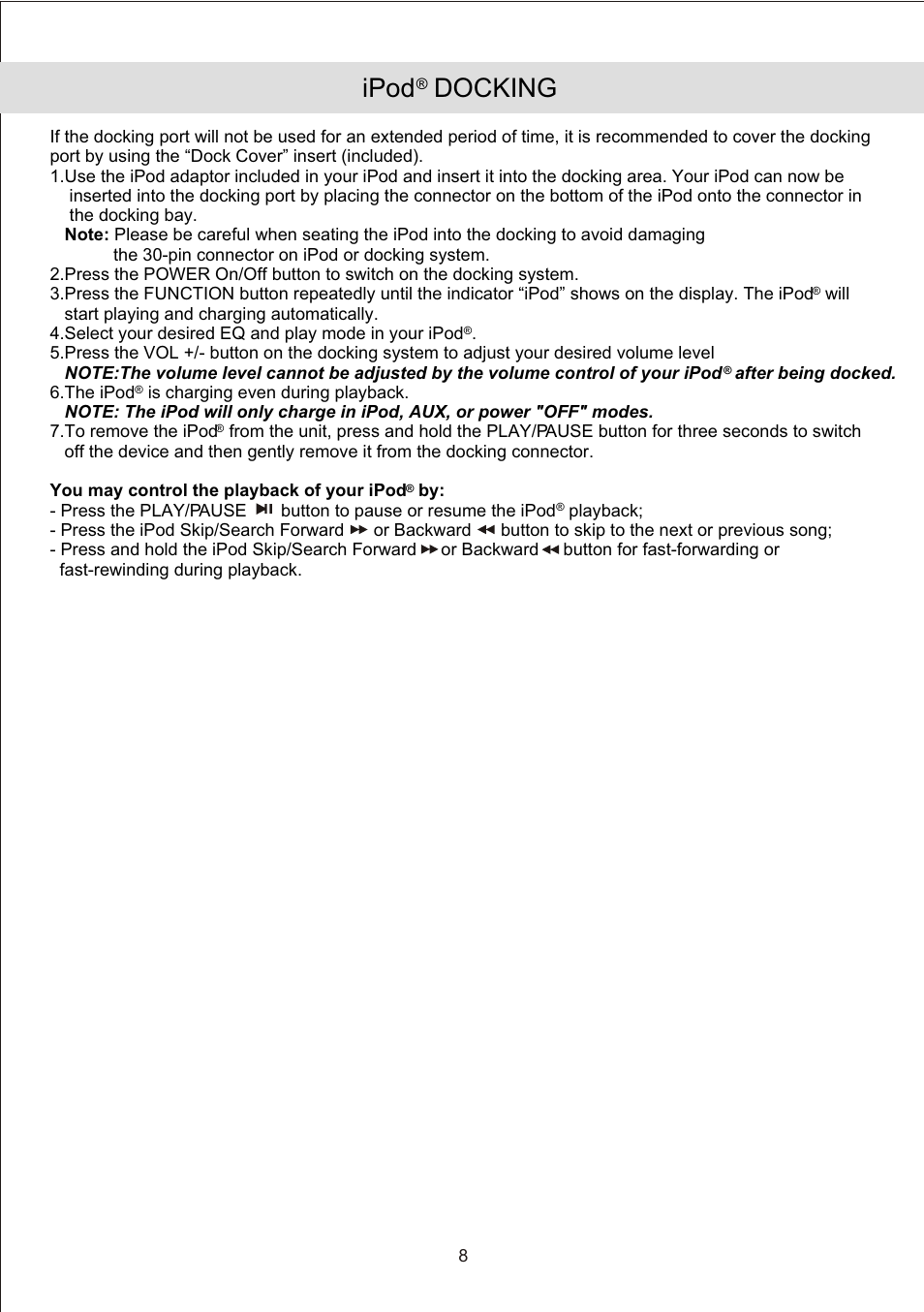 Ipod docking | Jensen JiMS-190 User Manual | Page 10 / 16