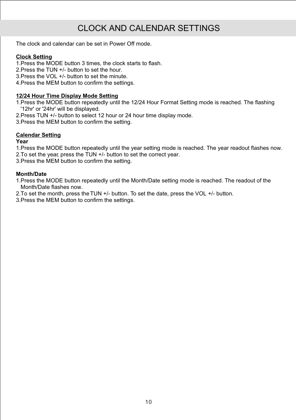Clock and calendar settings | Jensen JiMS-190 User Manual | Page 12 / 16